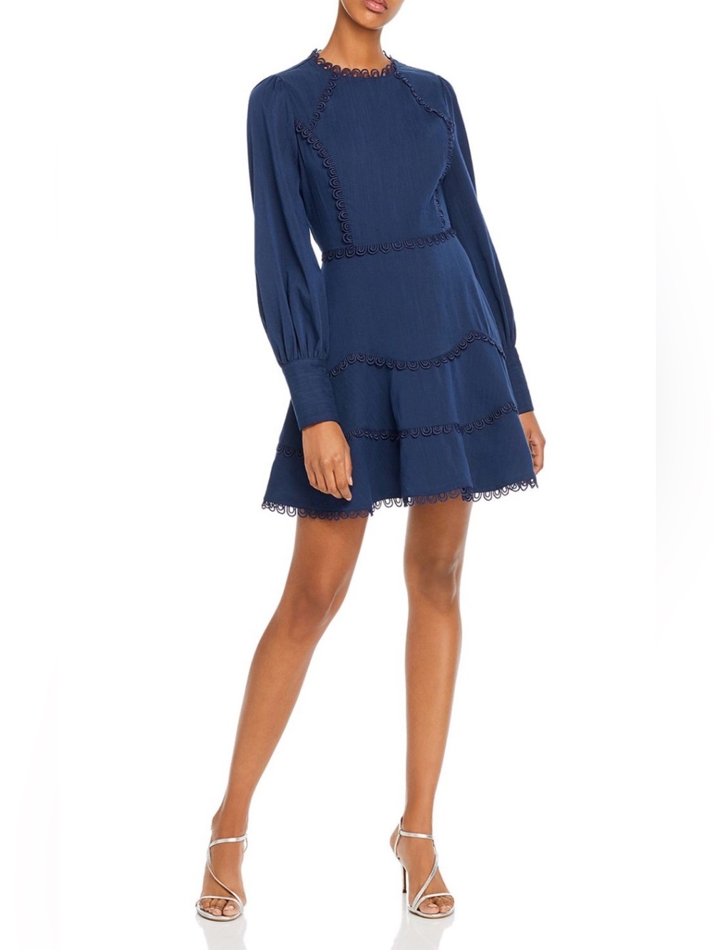 Aqua Navy Blue Midi Dress with Scalloped Trim